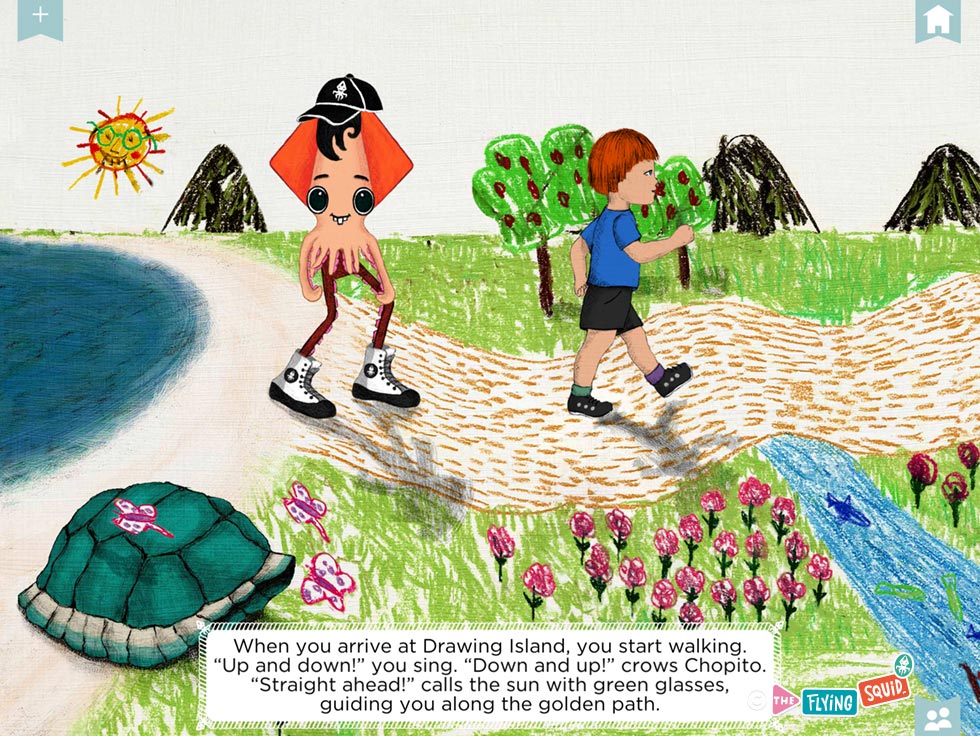 Drawing of a child and the flying squid walking happily on a trail
